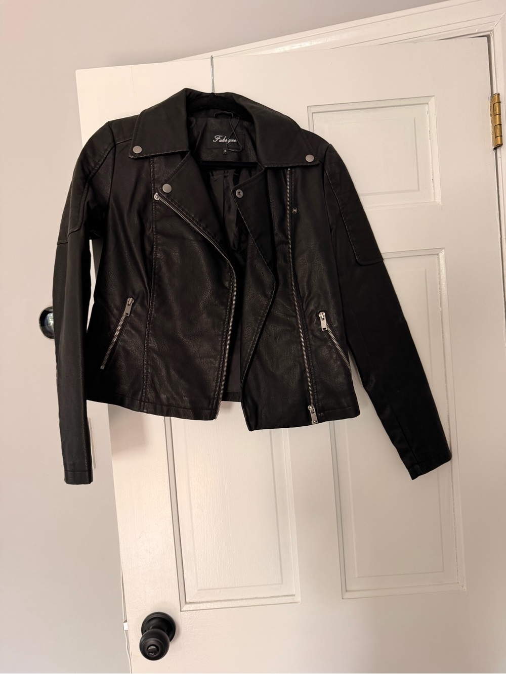 Fabletics Black Faux Leather Moto Jacket with Zip Details